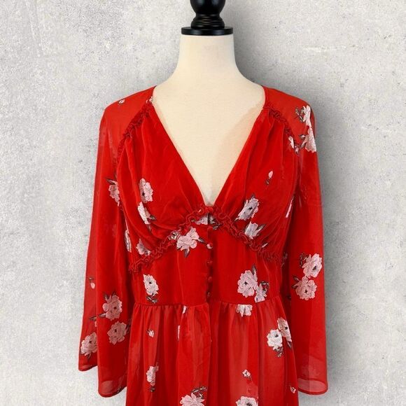 NWT Divided H&M Red Sheer Dress V-Neck Chiffon Floral Print Size 10 - Picture 2 of 11